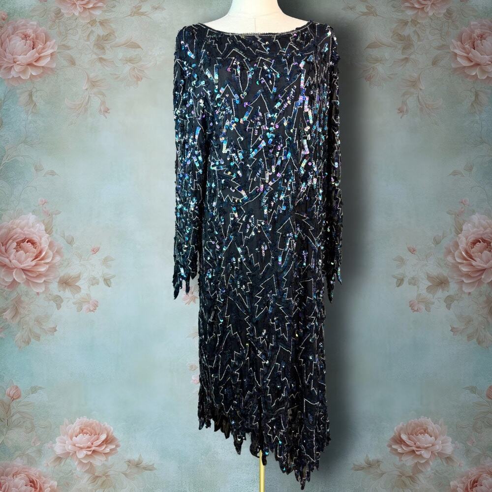 Vintage Saint Honore 100% Silk Beaded & Sequin Jagged Edge Midi Shift Dress